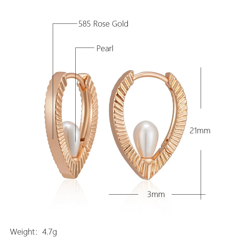 Wbmqda Unique 585 Rose Gold Color Glossy V Shape Peal Drop Earrings For Women High Quality Daily Party Fashion Jewelry Gifts