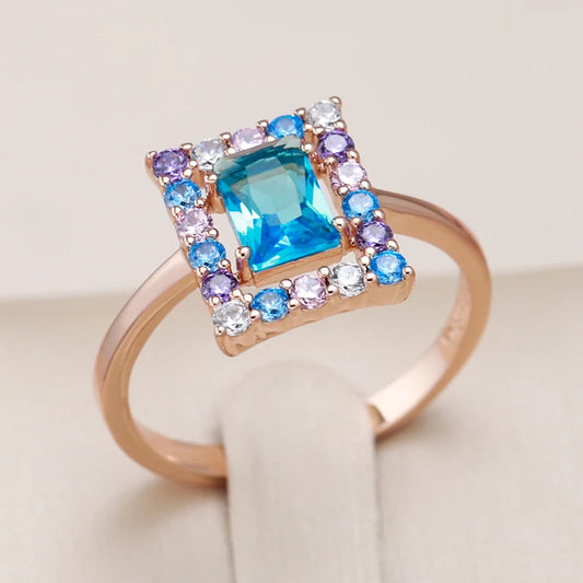 Kienl New 585 Rose Gold Color Square Ring for Women Blue Natural Zircon Ethnic Bridal Rings High Quality Daily Jewelry Gifts