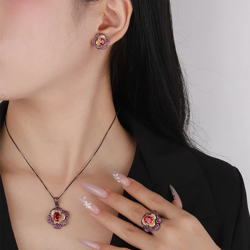 SUYU New Fashion Trend Design Fashionable Women's Light Luxury Earring Set Black And Red Ring Personalized Pendant Set