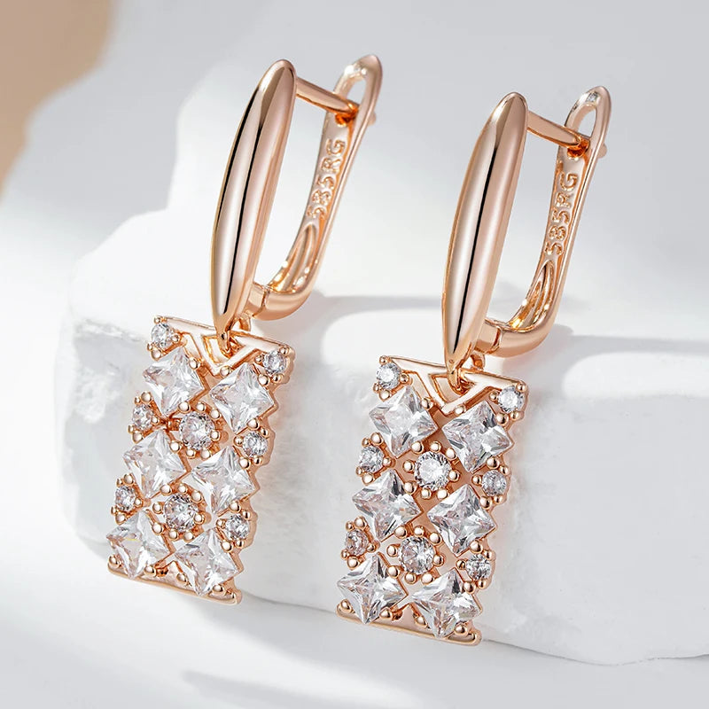 Wbmqda Luxury Hollow Square Women's Hanging Earrings 585 Rose Gold Color With Natural Zircon Wedding Party Fashion Dubai Jewelry