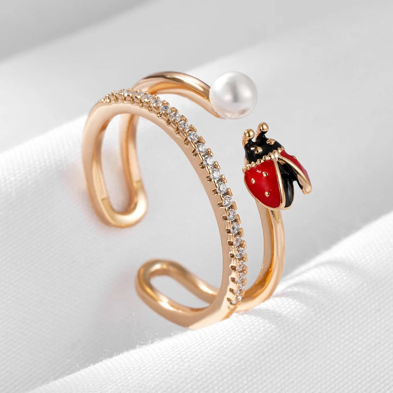 Wbmqda Cute Pearl Ladybug Open Ring For Women 585 Rose Gold Color Natural Zircon Setting Unique Christmas Jewelry Gifts