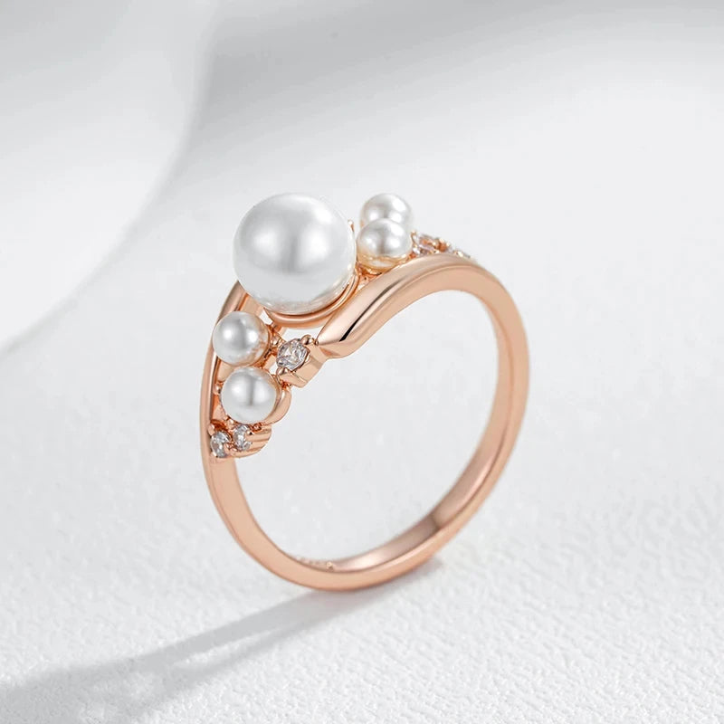 Wbmqda Cute Pearl Rings For Women 585 Rose Gold Color With Natural Zircon Elegant Daily Party Jewelry 2024 Best Gift