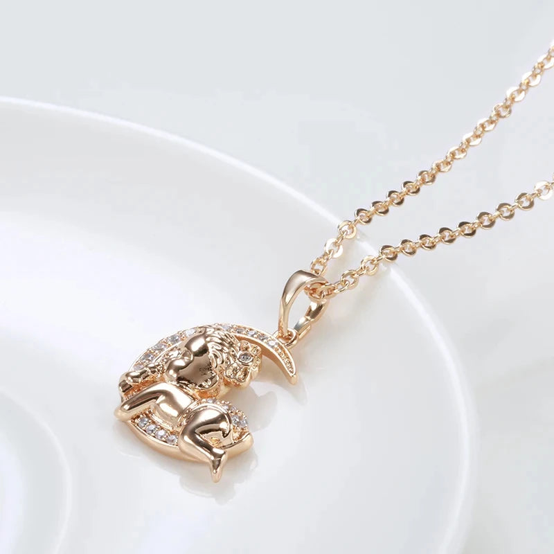 Kinel Hot 585 Rose Gold Color Moon Baby Pendant Necklace for Women Fashion Natural Zircon Pendant Child Jewelry Crystal Gift