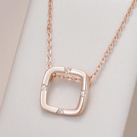 Kinel New Square Cutout 585 Rose Gold Color Pendant Necklace for Women Natural Zircon Accessories Pendant Daily Fine Jewelry