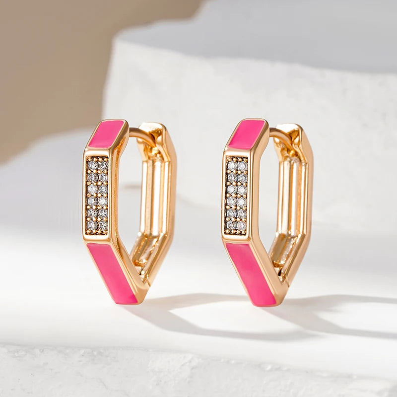 Wbmqda New Fashion Design Pink Enamel Hoop Zircon Earrings For Women 585 Rose Gold Color Simple French Style Jewelry Accessories