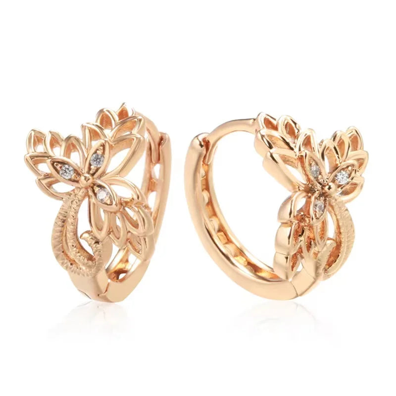 Wbmqda Hollow Metal Flower Hoop Earrings For Women 585 Rose Gold Color With White Natural Zircon Fashion Daily Fine Jewelry Gift