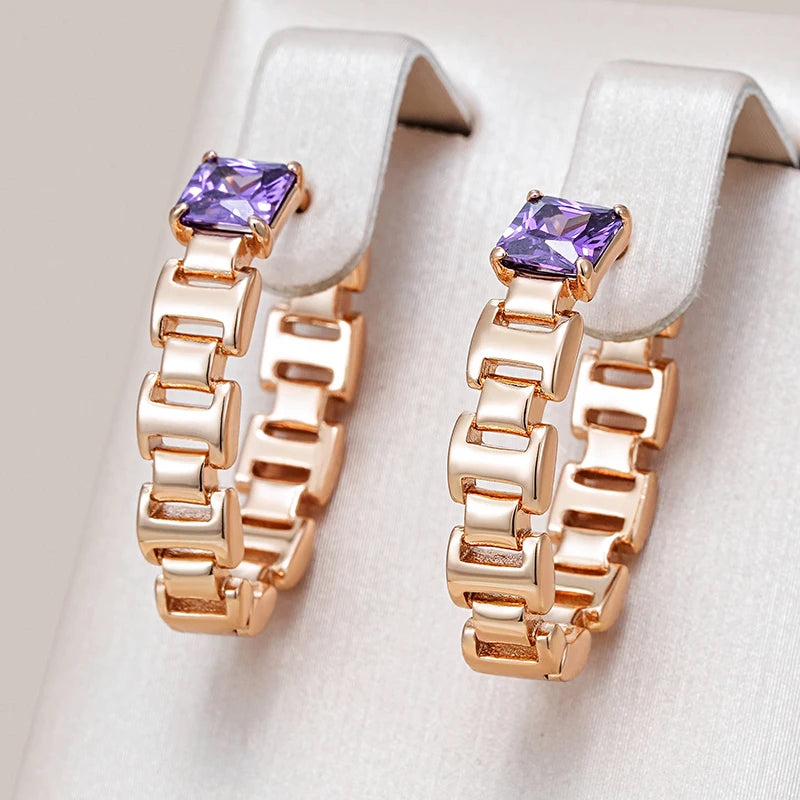 Wbmqda Fashion V Shape Drop Earrings For Women 585 Rose Gold Color With Purple Natural Zircon Daily Party Jewelry 2023 Trending