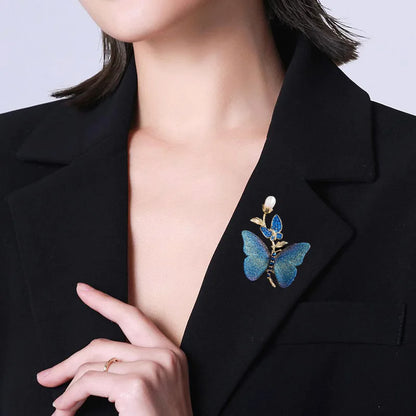 SUYU Women's light luxury embroidered fabric art blue butterfly brooch imitation pearl elegant fashion versatile brooch