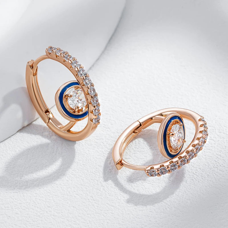 Wbmqda Unique Blue Enamel Hoop Earrings For Women 585 Rose Gold Color With White Natural Zircon Fashion Daily Party Fine Jewelry