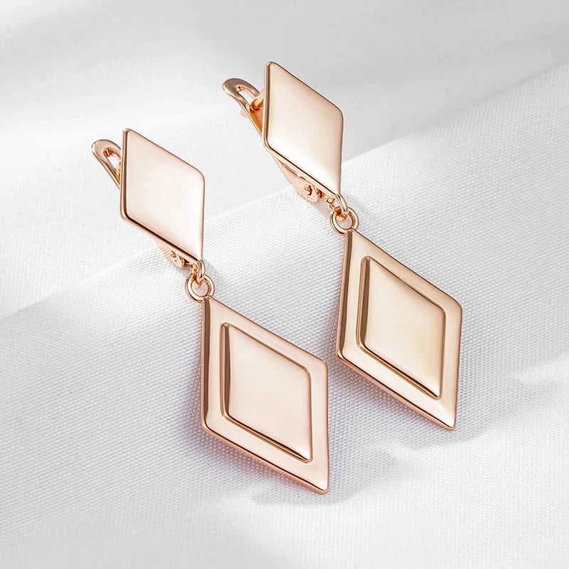 Wbmqda Rhombus Long Drop Earrings for Women 585 Rose Gold Color High Quality Daily Party Fine Jewelry