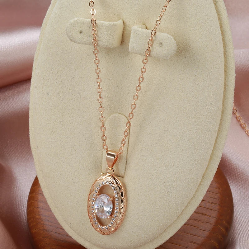 Wbmqda Luxury 585 Rose Gold Color Pendant And Necklace For Women Oval Natural Zircon Setting Ethnic Wedding Jewelry Accessories