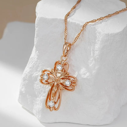 Wbmqda 585 Rose Gold Color Cross Crucifix Jesus Pendant And Necklace For Women Men Classic Simple Zircon Jewelry Accessories