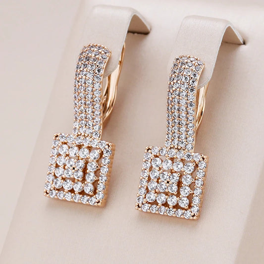 Kienl Hot Full Natural Zircon Daily Party Big Earring for Women 585 Rose Gold Color Square Ethnic Bride Vintage Wedding Jewelry