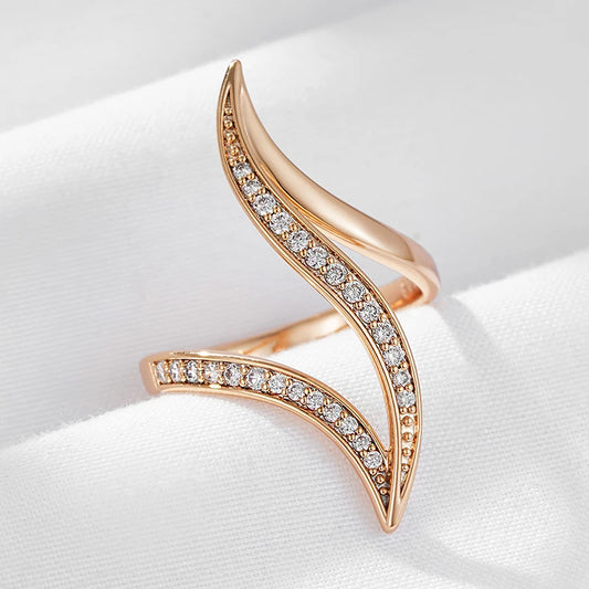 Wbmqda New Fashion Geometric Curve Zircon Ring For Women 585 Rose Gold Color Luxury Elegant Daily Fine Jewelry Accessories