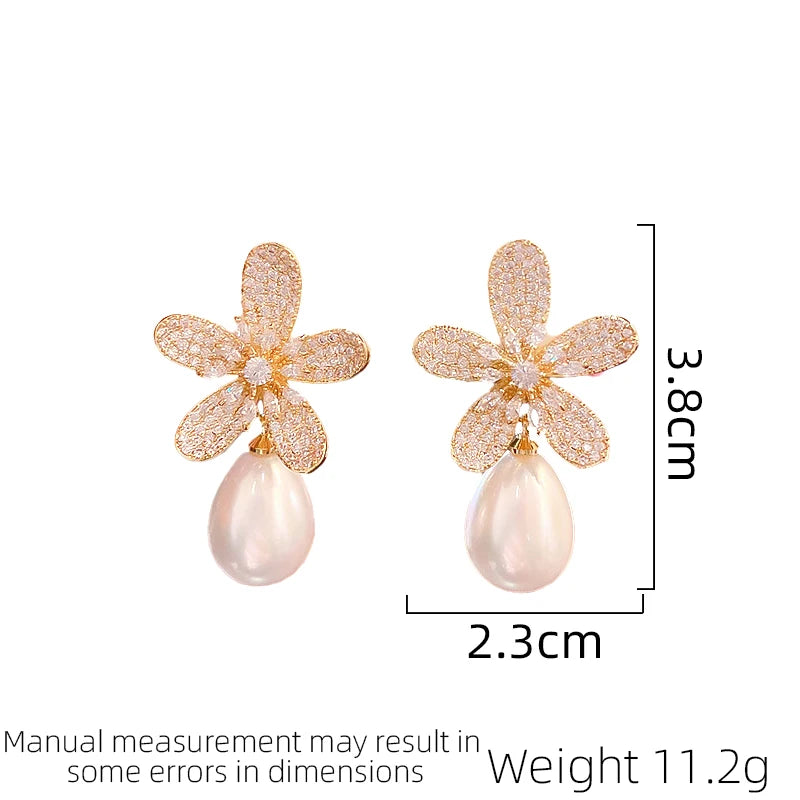 SUYU New Fashion Women's Light Luxury Accessories Micro inlaid Colorful Zircon Petals Simulated Pearl Flower Earrings