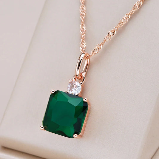 Kinel Hot Square Green Stone Pendant Necklace for Women 585 Rose Gold Color With Natural Zircon Accessories Daily Fine Jewelry