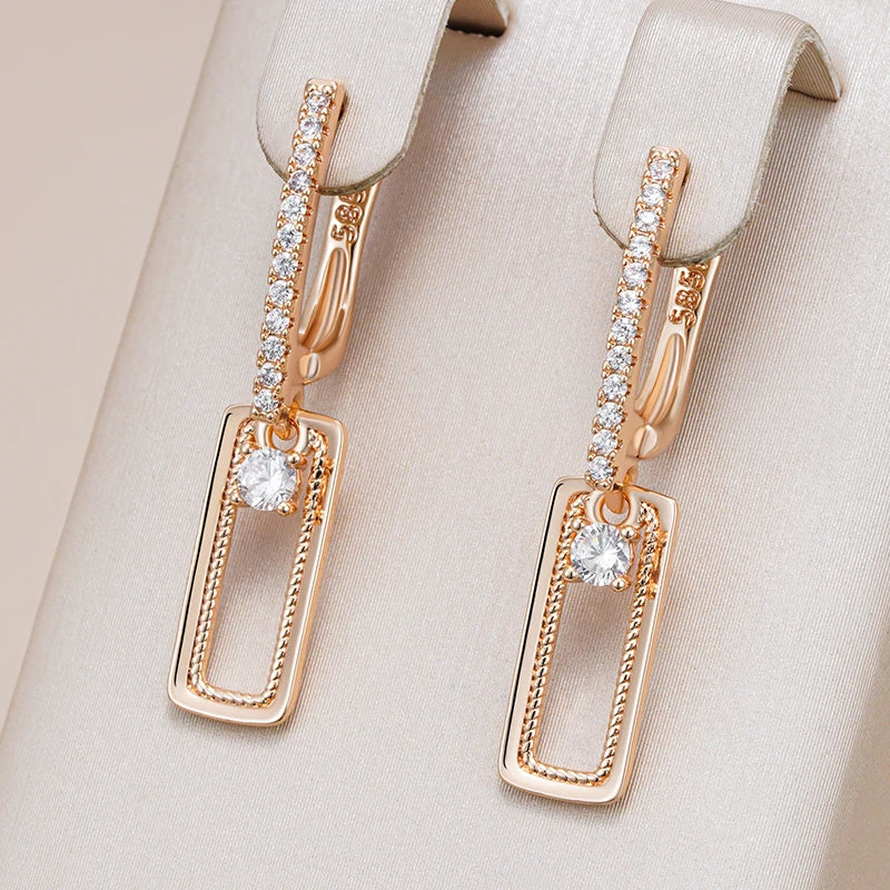 Kienl Hot Shiny Natural Zircon Square Long Earring for Women 585 Rose Gold Color Glossy Metal Accessories Trend Daily Jewelry