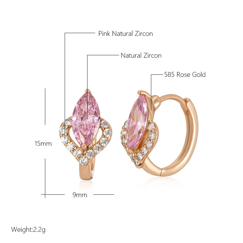 Wbmqda Luxury Pink Princess Cut Natural Zircon Hoop Earrings for Women 585 Rose Gold Color Bride Wedding Party Trendy Jewelry