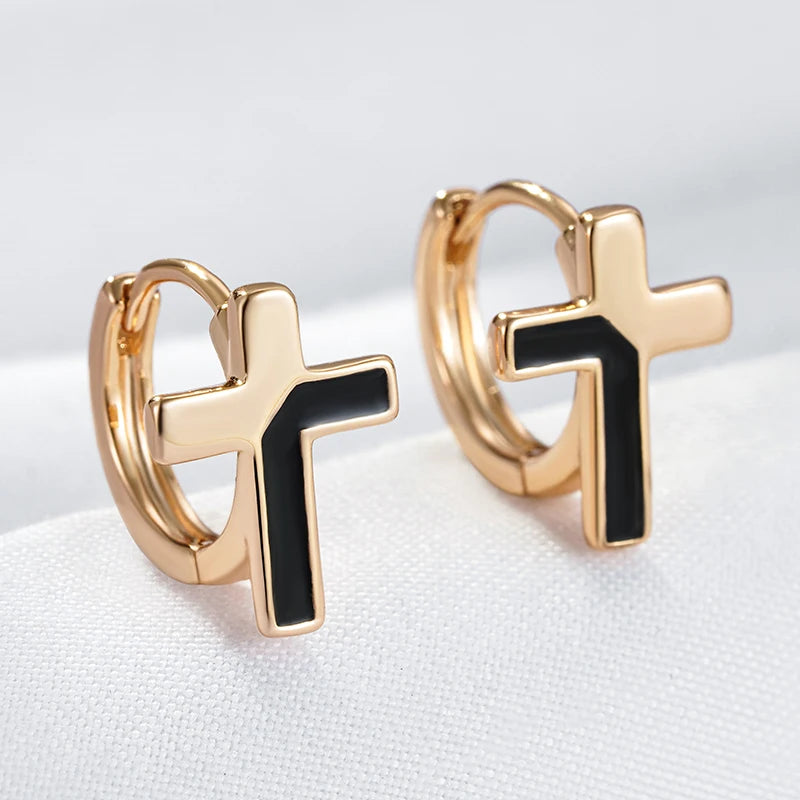 Wbmqda Unique Black Enamel Cross Pendant 585 Rose Gold Color Hoop Earrings For Women Fashion Punk Daily Party Fine Jewelry