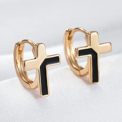 Wbmqda Unique Black Enamel Cross Pendant 585 Rose Gold Color Hoop Earrings For Women Fashion Punk Daily Party Fine Jewelry