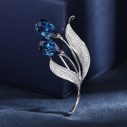 SUYU Scarf Button Blue Cubic Zirconia Tulip Flower Anti-Light Brooch