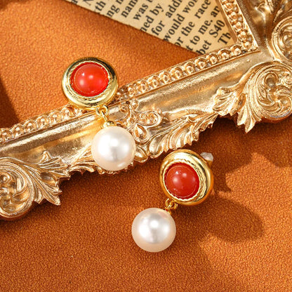 SUYU New Summer Women's Design Light Luxury Red Round Stone Imitation Pearl Classic Earrings Minimalist Vintage Earrings