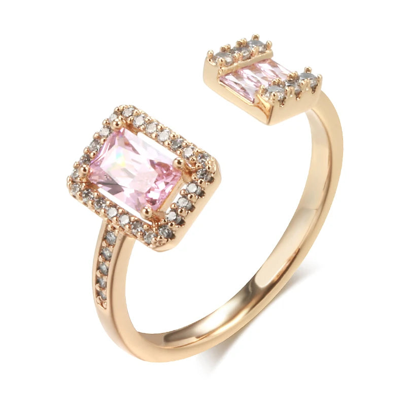 Kinel Hot Square Pink Natural Zircon Open Rings For Women Luxury 585 Rose Gold Color Bride Wedding Party Daily Jewelry