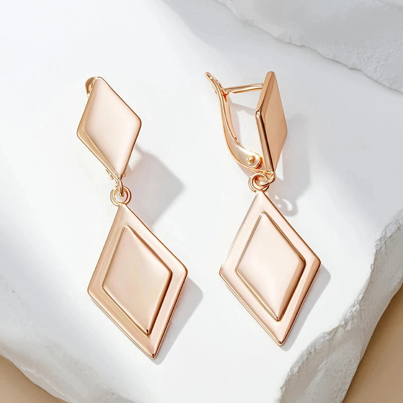 Wbmqda Rhombus Long Drop Earrings for Women 585 Rose Gold Color High Quality Daily Party Fine Jewelry