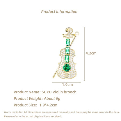 SUYU Refined Violin Copper Microinlaid Cubic Zirconia Brooch Suit Clothing Accessories Pins