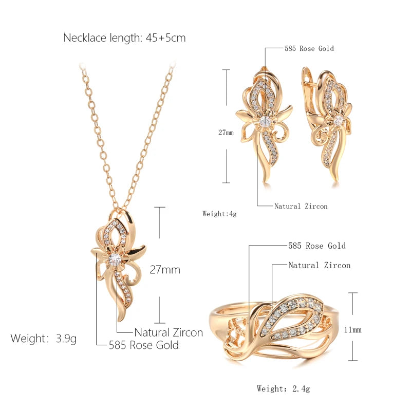 Kinel Luxury 3Pcs 585 Rose Gold Bridal Wedding Jewelry Sets Natural Zircon Flower Earring Necklace Ring Sets for Women Gift