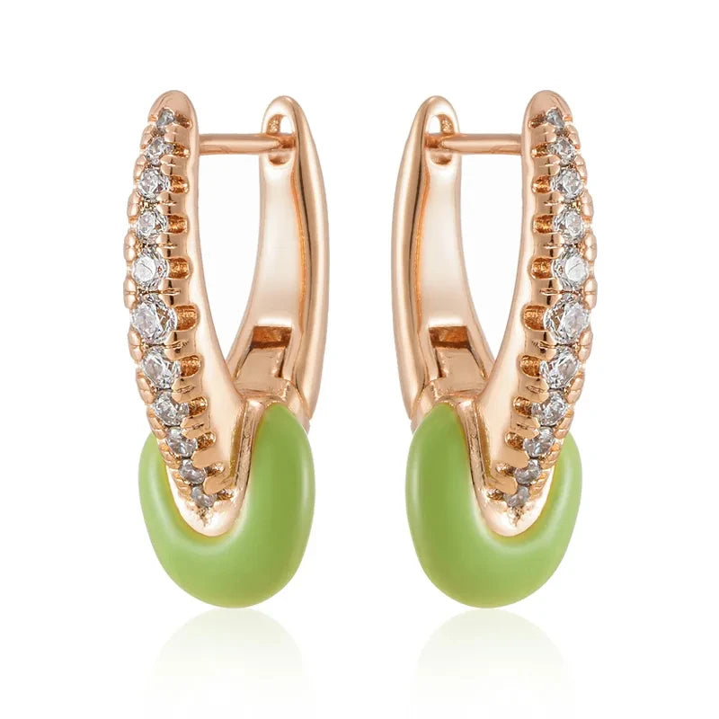 Wbmqda Unique Green Enamel Drop Earrings For Women 585 Rose Gold Color With White Natural Zircon Holiday Party Fashion Jewelry