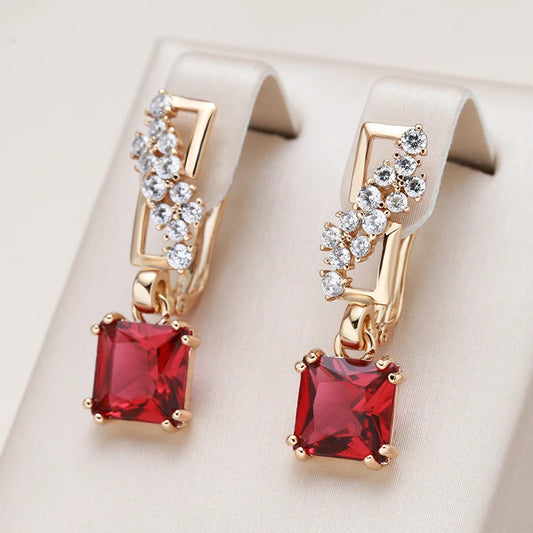 Kienl New 585 Rose Gold Color Long Earring for Women Vintage Red Natural Zircon Square Drop Earring High Quality Daily Jewelry