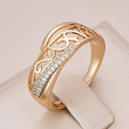 Kinel Hot 585 Rose Gold Color Wedding Ring for Women Ethnic Hollow Flower Natural Zircon Accessories Trend Daily Vintage Jewelry