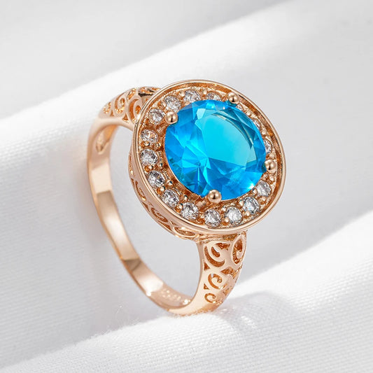 Wbmqda Luxury Fashion Blue Natural Zircon Big Ring For Women 585 Rose Gold Color Classic Retro Ethnic Wedding Jewelry Gift