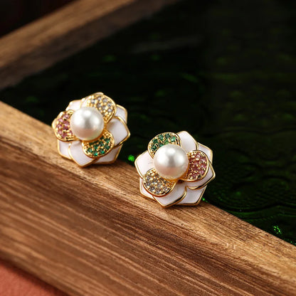 SUYU Vintage Earrings Entry-level Women's Fashionable Drop Glaze Three-dimensional Tea Flower Earrings Party Holiday Gifts