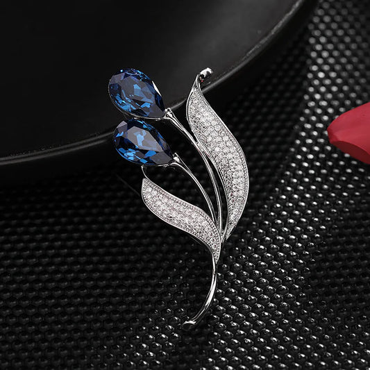 SUYU Scarf Button Blue Cubic Zirconia Tulip Flower Anti-Light Brooch