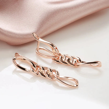 Wbmqda Glossy Chain Long Drop Earrings For Women 585 Rose Gold Color Simple Fashion Daily Matching Fine Jewelry Accessories