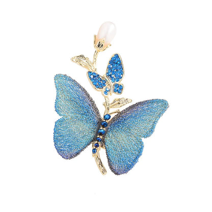 SUYU Women's light luxury embroidered fabric art blue butterfly brooch imitation pearl elegant fashion versatile brooch