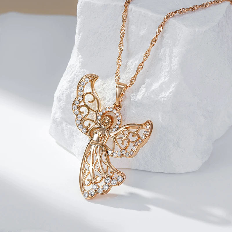 Wbmqda Luxury Fashion Angel Pendant And Necklace For Women 585 Rose Gold Color With White Natural Zircon Best Jewelry Gift