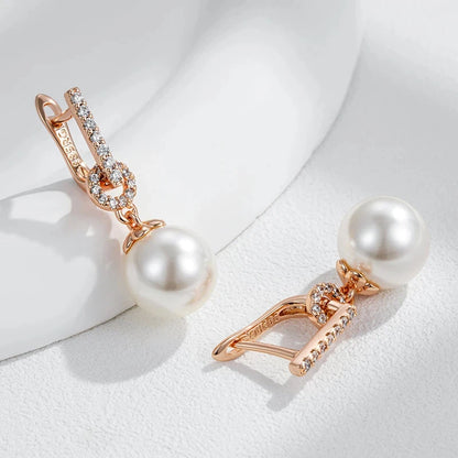 Wbmqda Elegant Pearl Drop Earrings for Women 585 Rose Gold Color With Natural Zircon Luxury Wedding Party Fine Jewelry