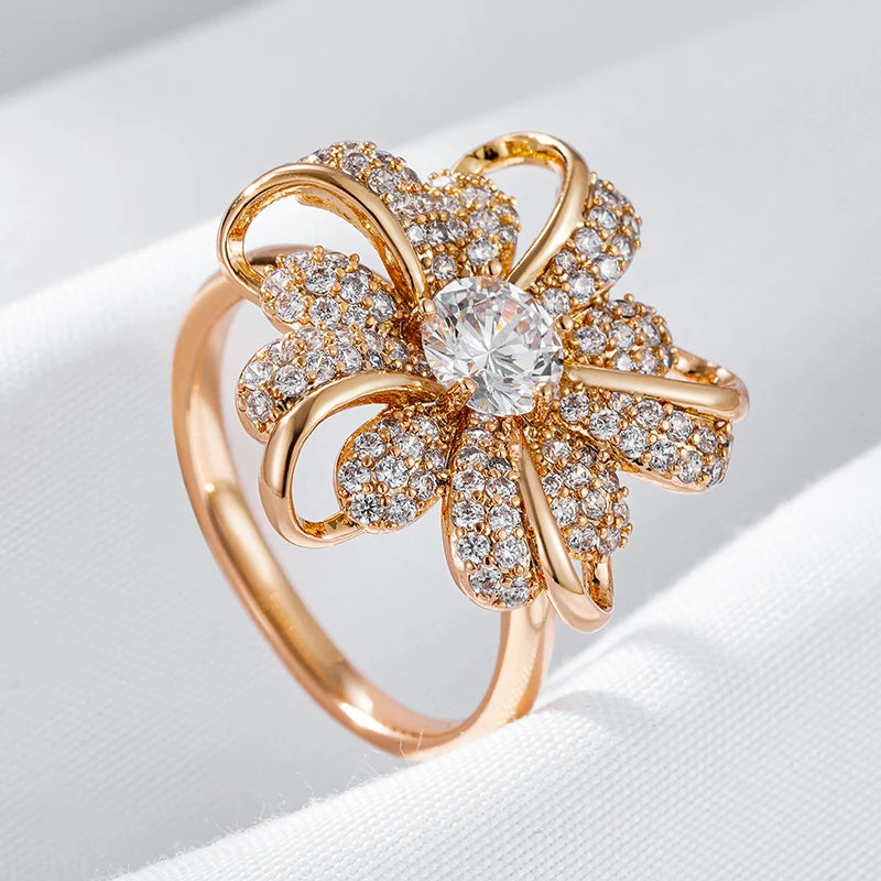 Wbmqda Luxury Crystal Flower Ring For Women 585 Rose Gold Color Natural Zircon Setting Ethnic Wedding Engagement Fine Jewelry