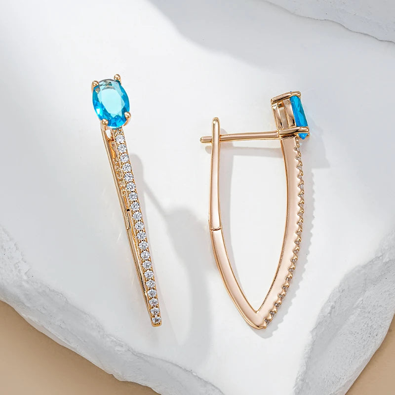 Wbmqda Luxury Fashion V Shape Blue Natural Zircon Drop Earrings For Women 585 Rose Gold Color 2023 Trendy Daily Matching Jewelry