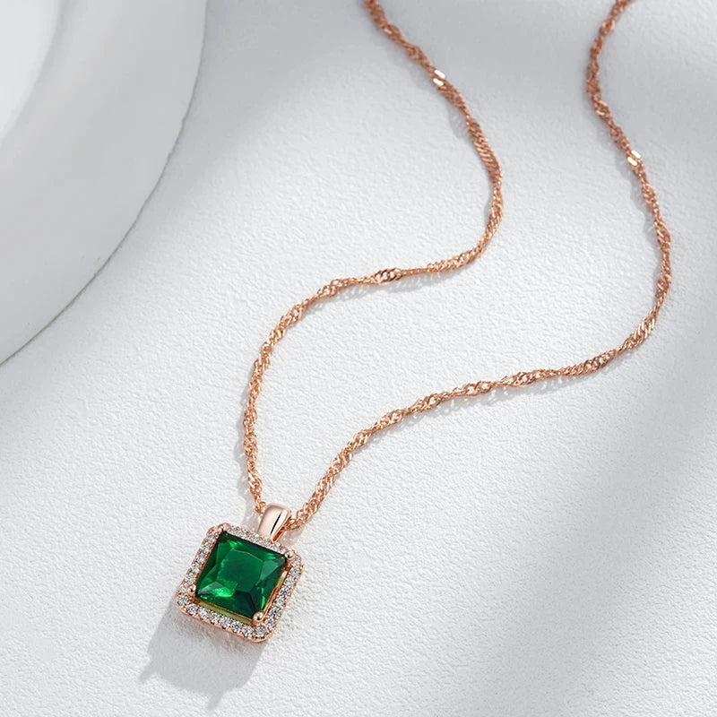 Wbmqda Square Green Stone Pendant And Necklace For Women 585 Rose Gold Color Luxury Zircon Jewelry Accessories