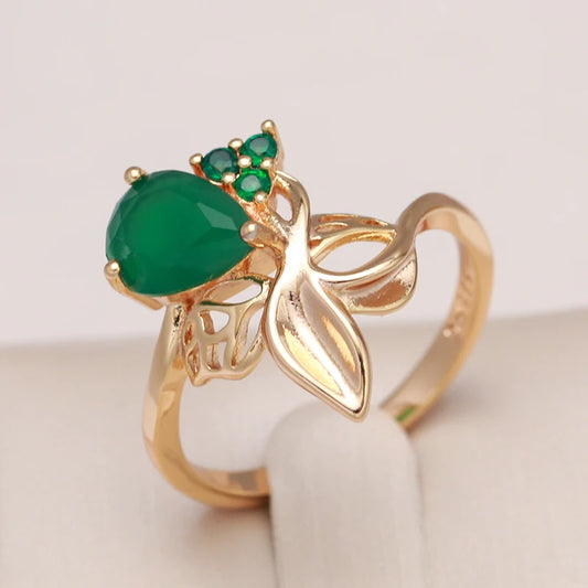 Kienl New 585 Rose Gold Flower Ring for Women Luxury Green Natural Zircon Bride Ring Vintage Wedding Jewelry Russian Accessories