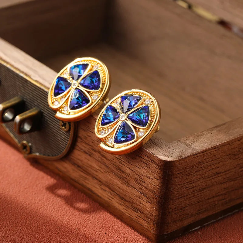 SUYU Copper Plated Flower Blue Zircon Earrings Personalized Retro Light  Versatile Women's Earrings