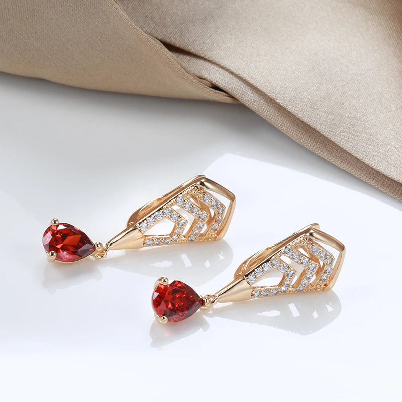 Wbmqda Luxury Elegant Red Natural Zircon Drop Earrings For Women 585 Rose Gold Color Ethnic Bride Wedding Party Fine Jewelry