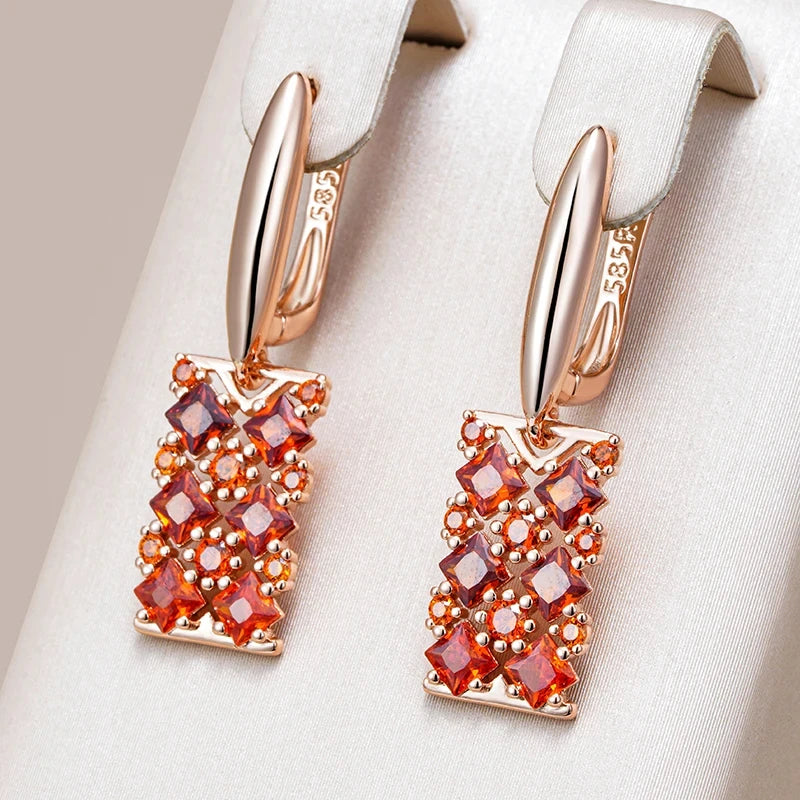 Wbmqda Luxury Red Natural Zircon Long Drop Earrings For Women 585 Rose Gold Color Wedding Party Fashion Dubai Jewelry