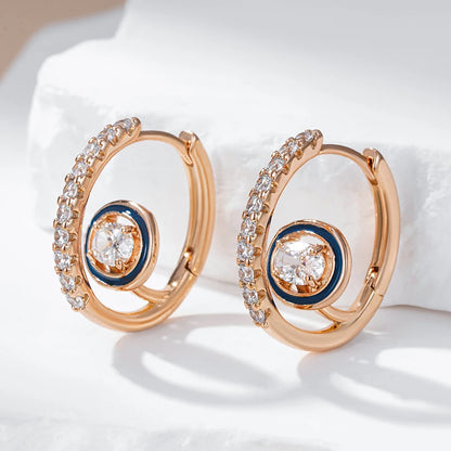 Wbmqda Unique Blue Enamel Hoop Earrings For Women 585 Rose Gold Color With White Natural Zircon Fashion Daily Party Fine Jewelry