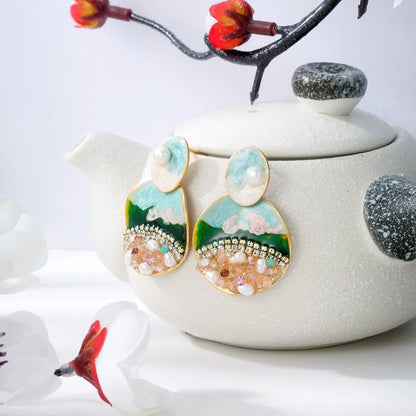 SUYU Chinese Style Artistic Oil Painting Series Simulation Pearl Enamel Earrings Women's Fashion Earrings Versatile Accessories