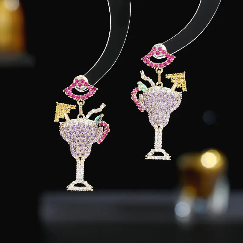 Designer's Creative Personalized Earrings With Colorful Embedding Cubic Zirconia Cocktail Cup Earrings